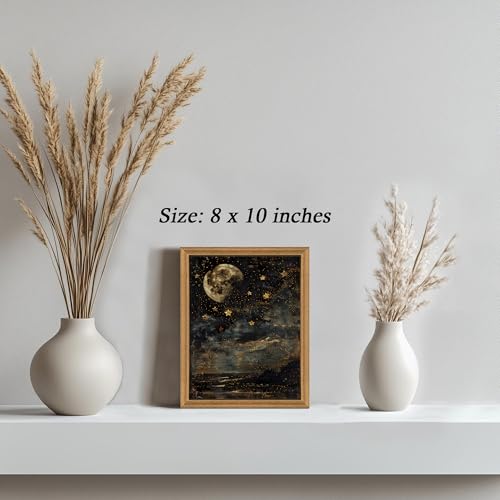 ICHZUMW Moon and Stars Celestial Canvas Wall Art, Mystical Moody Night Sky Poster Prints, Vintage Witchy Dark Academia Wall Decor, Framed Eclectic Gothic Home Decor for Desk Bedroom Bathroom, 8x10in - color: Moonlit Stars, size: 10"L x 8"W