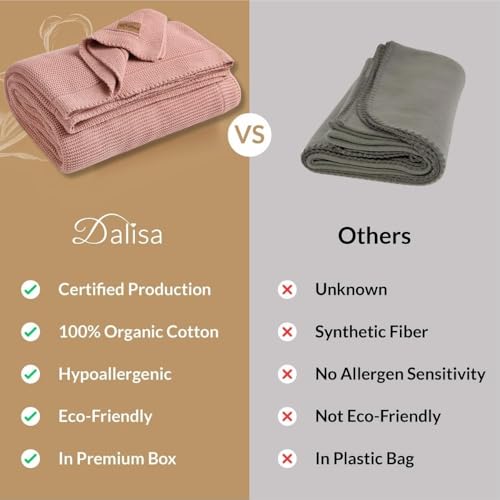 Dalisa 100% Organic Turkish Cotton Throw Blanket - GOTS Certified, Cozy - Perfect for Couch, Bed, and Home Decor - Boho Vintage Knit Alina (Pink, 60x80) - color: Pink, size: 60x80