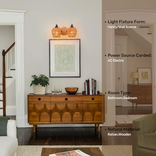 2-light Bathroom Lights Over Mirror,Rattan Vanity Light Fixtures,Farmhouse Boho Wall Sconce with Woven Cage,Rustic Boho Wall Mounted Light Wooden Vanity Lighting for Bedroom Living Room Hallway Foyer - color: 2light-Drum shade