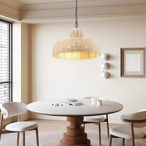 OCIOC Rattan Pendant Lighting,17.72" Kitchen Island Hanging Light Fixtures,Large Boho Hand-Woven Chanderlier, E26 Farmhouse Retro Ceiling Chandelier 3-Lights For Dining Room Kitchen Island Living Room - size: 17.7"