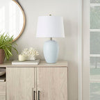 Nourison Home 23" Coastal Blue Ceramic Pot Table Lamp for Bedroom, Living Room, Dining Entryway, with White Shade - color: Light Blue, size: 1 Lamp - Drum Shade