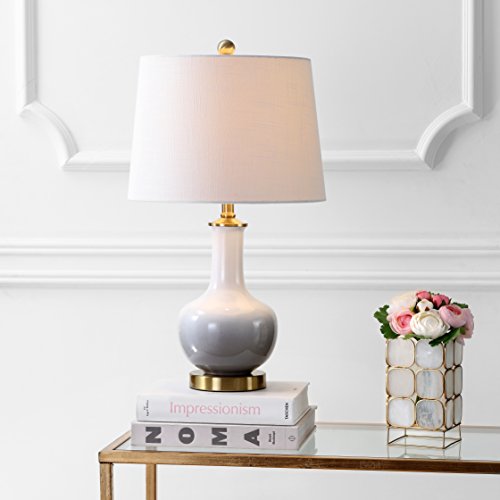 JONATHAN Y 25" White/Gray Gradient Ceramic Table Lamp, Brass Base LED Lamp for Bedside Nightstand Living Room, White Linen Drum Shade, Midcentury Decor (JYL3019B) - color: White/Grey