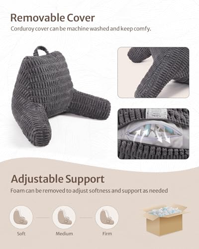 Blissful Diary Reading Pillow, Large Backrest Pillow with Shredded Memory Foam for Adult & Children, Designed for Bed and Couch Sitting Up, Includes Arms, Pockets and Washable Cover, Dark Gray - color: Textured Dark Gray, size: Large(20inch)