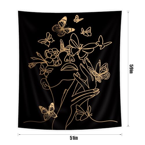 SVBright Simple Woman Flower with Butterfly Fabric Wall Hanging Tapestry 51Wx59H Inch Art Line Aesthetic Modern Minimalist Sketch Wall Black Gold Hanging Home Decor Art for Living Room Bedroom Dorm - color: Black Simple Woman, size: 59"L x 51"W