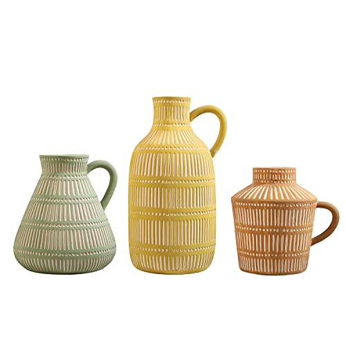 Boho Ceramic Vase Set of 3 for Living Room Bedroom Modern Yellow Brown Green Fake Flower Plant Vases for Home Decor Office Centerpieces Antique Retro Rustic Farmhouse Vintage Classic Gift - color: Multicolor