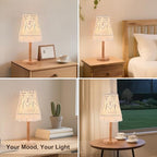 16" Tall Table Lamp Set of 2, Handwoven Macrame Shade & Solid Wood Base, Bohemian Style Bedside Lamp for Living Room, Bedroom, Study Office Decor