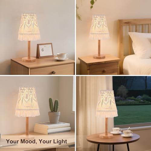 16" Tall Table Lamp Set of 2, Handwoven Macrame Shade & Solid Wood Base, Bohemian Style Bedside Lamp for Living Room, Bedroom, Study Office Decor