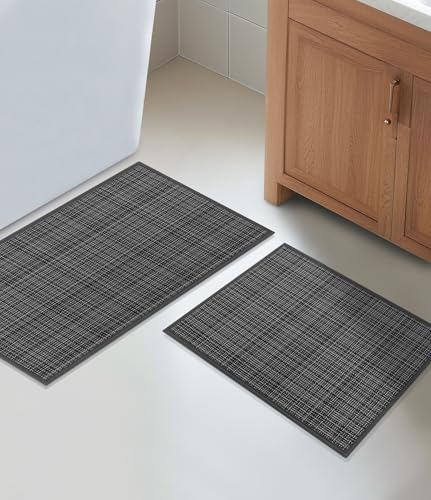 YIHOUSE Bathroom Rugs Sets 2 Pieces, Dark Grey Ultra Thin Bath Mats Fit Under Door, Absorbent Quickly Dry Rubber Backing Braided Bath Mat Set, Non Slip Washable Bath Rugs for Bathroom Floor, Grey - color: Grey Multi, size: 2pieces
