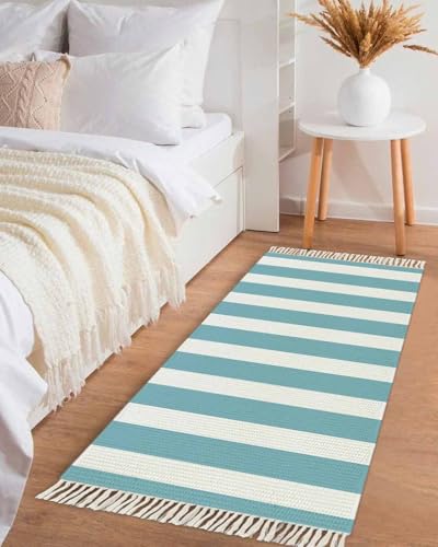 Cyan Stripes Kitchen Runner Rug 2'x4', Washable Woven Cotton Area Rug with Tassels Bathroom Hallway Rug, Farmhouse White Simple Vertical Striped Entryway Bedroom Rug Non Slip Throw Rug Carpet - color: Cyan, size: 2 x 4 ft