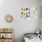 Macrame Hanging Photo Display with String Lights,Boho Wall Decor Picture Card Frame Holder with 45 Clips for Teen Room, Beach Room Decor, Hanging Photo Display with Clips