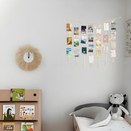 Macrame Hanging Photo Display with String Lights,Boho Wall Decor Picture Card Frame Holder with 45 Clips for Teen Room, Beach Room Decor, Hanging Photo Display with Clips
