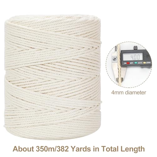 Macrame Cord 4mm x 380Yards (1140Feet), Natural Cotton Macrame Rope - 4 Strands Twisted Macrame Cotton Cord for Wall Hanging, Plant Hangers, Crafts, Gift Wrapping and Wedding Decorations, Beige - color: Beige, size: 0.16 in x 380 yd