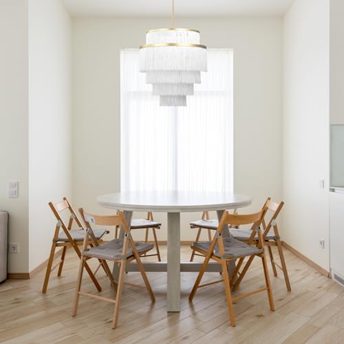 5-Tiered Boho Chandelier with Metal and White Fringe,3 Lights Fringe Pendant Light Fixture,Tassle Chandelier for entryway,Dining Room,Baby Nursery,Gold and White - color: White-Pendant