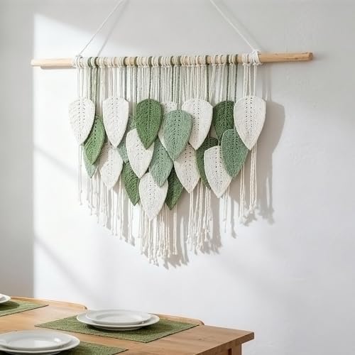 NYEONHRT Large Macrame Wall Hanging Handmade Boho Leaf and Feather Tapestry for Modern Home Decor Perfect Wall Art for Living Room Bedroom Nursery Apartment Backdrop 39x31 Inch (White green) - color: White green 39*31in