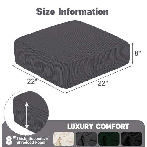 Meditation Floor Pillow Set of 2, 8" Extra Thick Floor Cushion for Sitting with Washable Cover, Large Corduroy Meditation Pillow, 22 inches Tatami Seat with Handle for Yoga Pillow, Grey - color: Dark Grey, size: 22x22x8 inch