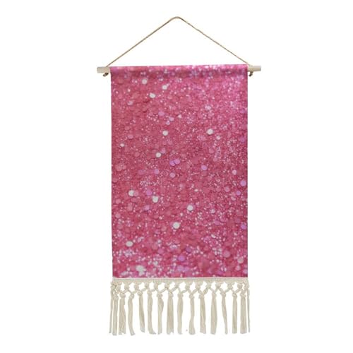 MUSM Boho Wall Hanging with Tassels - 10x19.6 Inch Cotton Linen Tapestry Art Print, Wood Frame & Hanging Rope, Sparkling Pink Glitter Poster for Living Room, Bedroom, Hallway Decor