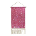 MUSM Boho Wall Hanging with Tassels - 10x19.6 Inch Cotton Linen Tapestry Art Print, Wood Frame & Hanging Rope, Sparkling Pink Glitter Poster for Living Room, Bedroom, Hallway Decor