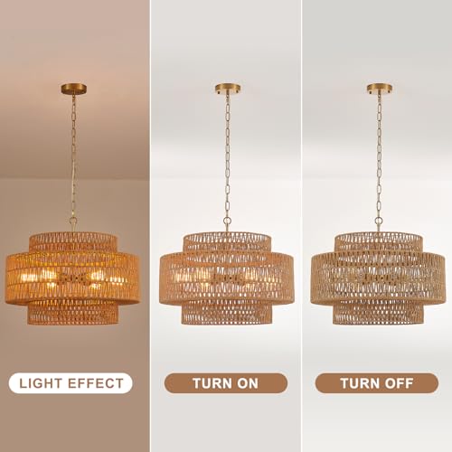 23.6" Gold Rattan Chandelier, 6-Light Hand-Woven Wicker Drum Chandelier, 3-Tier Boho Farmhouse Light Fixture for Dining Room,Kitchen Island,Living Room,Bedroom - color: gold 23.6"