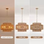 23.6" Gold Rattan Chandelier, 6-Light Hand-Woven Wicker Drum Chandelier, 3-Tier Boho Farmhouse Light Fixture for Dining Room,Kitchen Island,Living Room,Bedroom - color: gold 23.6"