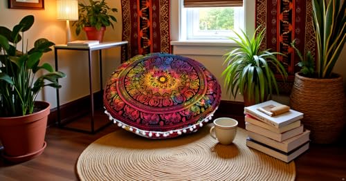 Round Mandala Floor Pillow Cover Seating Cushion Throw Cover Hippie Decorative Bohemian Ottoman Pouf Cover, Pom Pom Pillow Cases,Boho Indian 22 Inches (Multi Elephant Flower) - color: Multi Elephant Flower