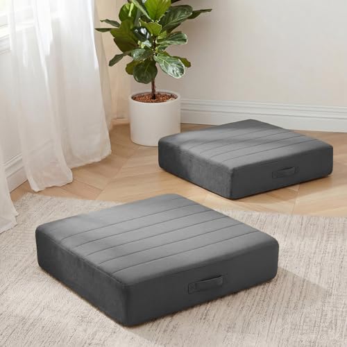 MeMoreCool Square Floor Pillows for Adults Kids, 2 Sets Large Meditation Cushion with 5" Thick Foam and Washable Tufted Cover, 24 Inch Grey Seat Floor Cushions for Sitting and Yoga - color: Dark Grey, size: 24 Inch