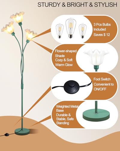 Flower Floor Lamp for Living Room, Modern Tree Floor Lamp with Adjustable Heads, 3 Light 3000K Soft Warmwhite Mid Century Standing Tall Lamp with 5Lbs Heavy Base for Bedroom Kids Room-Green - color: 3 Flower-Green Tree