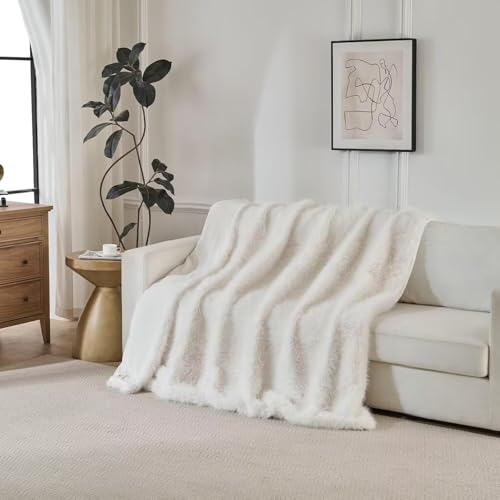 Luxury Fluffy Faux Fur Throw Blanket, Thick Silky Fuzzy Cozy Blanket, Plush Blankets for Couch, Sofa, Chair, Bed - Ivory White, 50x60 Inches - color: Ivory White, size: Throw (50" x 60")