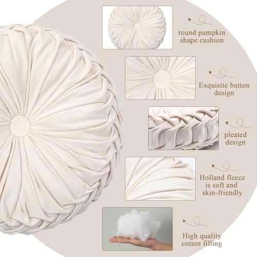 Drydiet 1 Pcs Round Throw Velvet Pillows Decorative Pleated Throw Pillows Diameter Accent Pumpkin Boho Chair Cushion for Couch Sofa Home Decoration (Beige,15'') - color: Beige, size: 15''