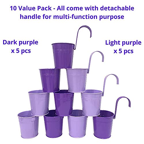 LaLaGreen Hanging Planter Outdoor - 10 Pack, 4 Inch Fence Planters Outdoor Purple Hanging Window Flower Bucket Metal Succulent Pots Balcony Railing Wall Garden Deck Porch Herb Plant Macetas Exterior - size: 4 Inch (Purple)