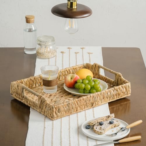 Rectangle Wicker Scalloped Serving Tray with Handles - Seagrass Handwoven Trays,Water Hyacinth Tray for Home Decor and Living Room, Dining Table, Bathroom Organizing, 17.3" L x 13.4" W x 3.6" H - color: Water Hyacinth-rectangle, size: 17.3" x 13.4" x 3.6"