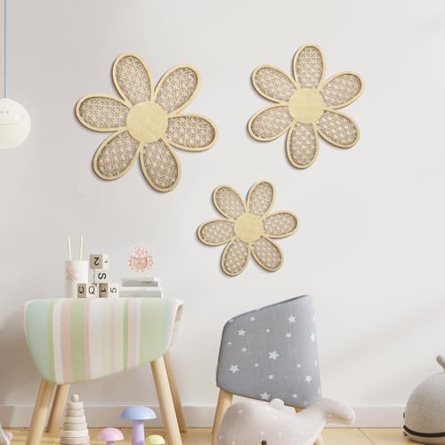 Maitys 3 Pieces Boho Daisy Wall Decor Natural Rattan Flower Wall Hanging Art Wooden Boho Art Nursery Flowers Farmhouse Hanging Decor for Home Office Nursery(Wooden Color) - color: Wooden Color