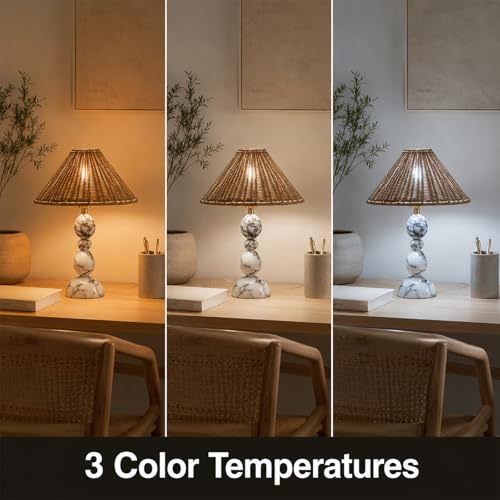 Calacatta Marble Table Lamp with Hand-Woven Rattan Shade, Vintage Stone Lamp with 3 Color Temperatures, Luxury Light for Bedroom Living Room - size: 15.3in