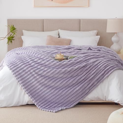 EXQ Home Fleece Blanket Queen Size for Couch or Bed - 3D Stripe Jacquard Decorative Blankets - Cozy Soft Lightweight Fuzzy Flannel Blanket Suitable for All Seasons(90"×90",Light Purple) - color: Light Purple, size: Queen