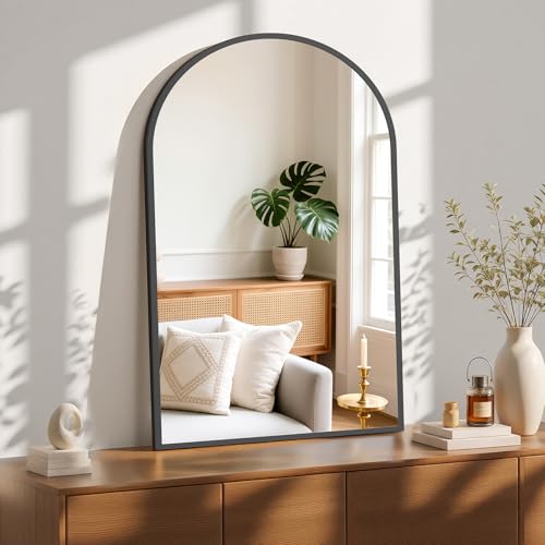 Sweetcrispy 26.5"x38" Arched Black Bathroom Mirrors for Wall, Bathroom Mirrors for Over Sink, Metal Framed with HD Shatter-Proof Glass for Entryway, Living Room, Bedroom, Home Decor - color: Black, size: 38"L x 26.5"W