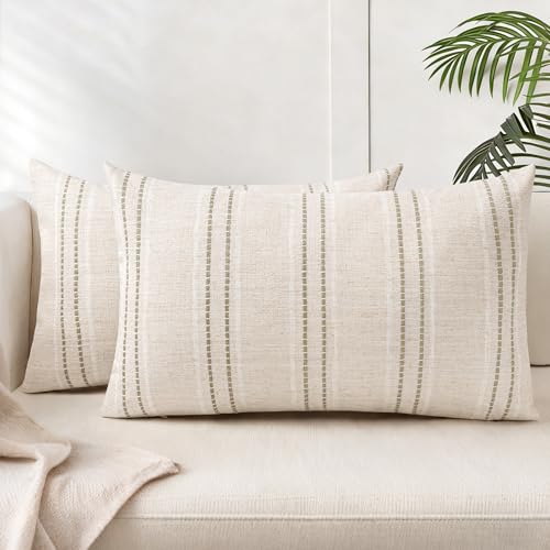 AELS 12x20 Decorative Farmhouse Linen Blend Throw Pillow Covers, Boho Textured Pillow Case, Set of 2, Beige with White & Brown Stitch Yarn Dyed Stripe Cushion Cover for Sofa Living Room (Cover ONLY) - color: Beige With White & Brown, size: 20" x 12" (Pack