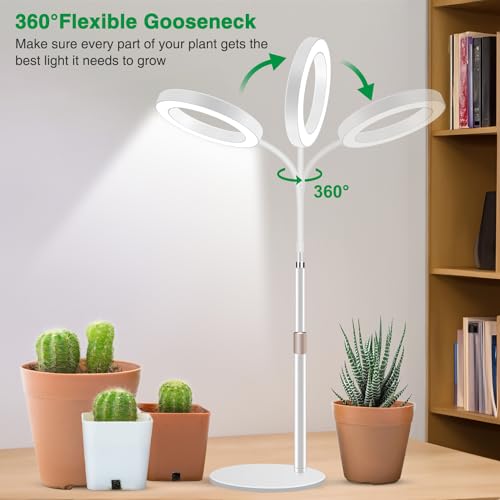 Aumtrly Grow Lights for Indoor Plants, 80 LED Full Spectrum Desk Plant Light for Growing Small Plant, Height Adjustable 24.5" Halo Grow Lamp with Base, 6/12/16H Timer, 3 Light Modes, 5 Dimming - size: 1 head 24.5inch/white