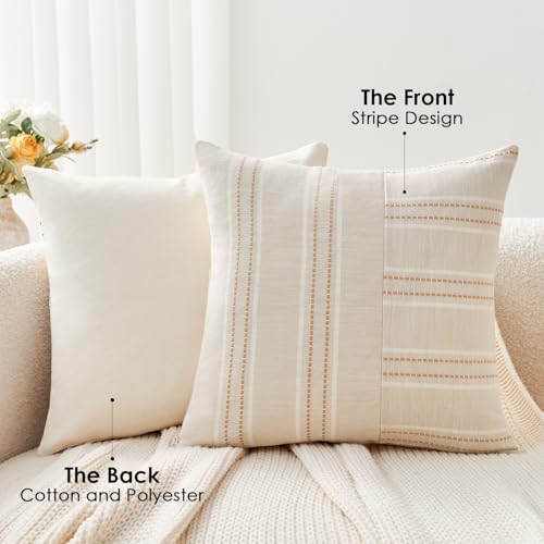 Throw Pillow Covers Set of 2 18x18 Inch Striped Pillow Covers, Soft Decorative Cotton Neutral Khaki Textured Case for Couch Sofa Bed Living Room, Home Modern Farmhouse Cute Decor - color: Khaki, size: 18" x 18" (Pack of 2)