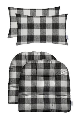 RSH DECOR: Tufted U-Shapes & Lumbars 2 of Each | 19" x 19" & 20" x 12" | Water-Resistant Spun Fabric | Outdoor Wicker Cushions & Support Pillows for Patio Furniture | Black Buffalo Plaid - Made in USA - color: Black Buffalo Plaid, size: 19" x 19" & 20" x