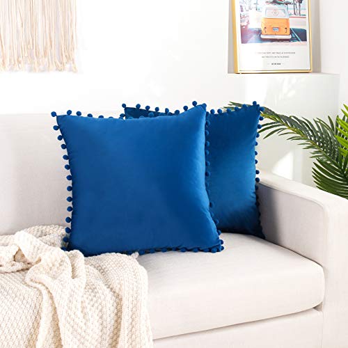Elegant Comfort POM-POMS Fringe Velvet Cushion Covers Set of 2, Velvet Soft Solid Decorative Square Throw Pillow Covers Set Cushion Case for Couch Bed, Livingroom 18 x 18 Inch (45 x 45 cm), Royal Blue - color: Royal Blue, size: 18" x 18" (Pack of 2)
