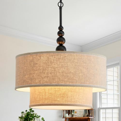Shrine Lighting Double Drum Chandeliers, Farmhouse Style, Perfect Drum Pendant Light for Dining Room, D20'' x H10'', Adjustable Chains 55'', E12*4 Sockets, Beige Linen Fabric Lampshade & Black Rod - color: Beige&Double D20''