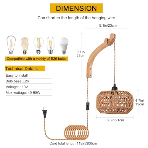 Plug in Wall Sconce,Farmhouse Wicker Wall Lamp Plug in,Hand Woven Rattan Wall Light Farmhouse Rustic Boho Sconces Wall Lighting for Living Room Bedroom - color: Wall Sconces, size: 1 PACK