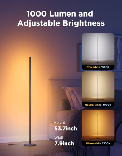 Govee RGBIC Floor Lamp Basic, 1000lm LED Corner Lamp Compatible with SmartThings, Alexa, and Matter, Modern Floor Lamp with Music Sync and 16 Million DIY Colors, Standing Lamp for Bedroom Living Room - color: Black