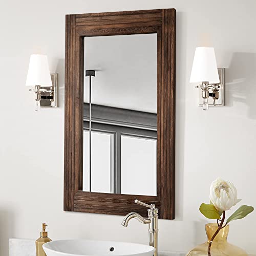 YOSHOOT Hand-Made Wooden Spliced Wall Mirror for Bathroom, Rustic Farmhouse Vanity Mirror, Décor Wall Art, Solid Wood Frame, Vertical or Horizontal Hanging - color: Spliced Brown, size: 32"L x 24"W