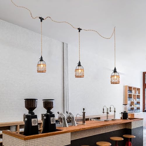 3 Light Hemp Rope Plug in Pendant Light Rattan Hanging Lights with Plug in Cord with Woven Lamp Shade, Plug in Cord Hemp Rope Hanging Lamp - color: 3 Light Rattan Pendant Light