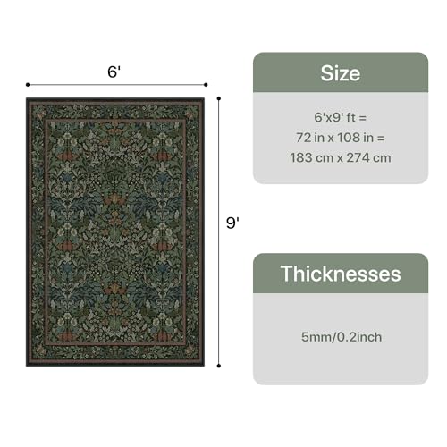 Bavni Floral Dark Green Area Rugs 6x9, Vintage Boho Carpet Machine Washable, Non Slip Soft Low Pile Thin Rug for Bedroom, Living Room, Dining Room, Nursery - color: Dark Green, size: 6' x 9' (Rectangular)