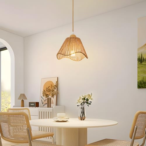 Wave Rattan Chandelier Pendant Lights Kitchen Island,Farmhouse Boho Chandeliers Adjustable Height Hanging lamp for Dining Room,Kitchen Ceiling Light Fixtures with Hand Woven Wicker Lampshade - size: 1 Pack