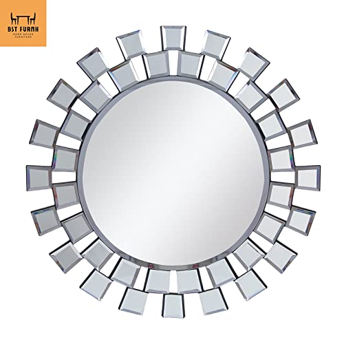 BST FURNH Sunburst Wall Mirror, 24 Inches Decorative Round Frameless Mirror for Living Room - color: Sunburst