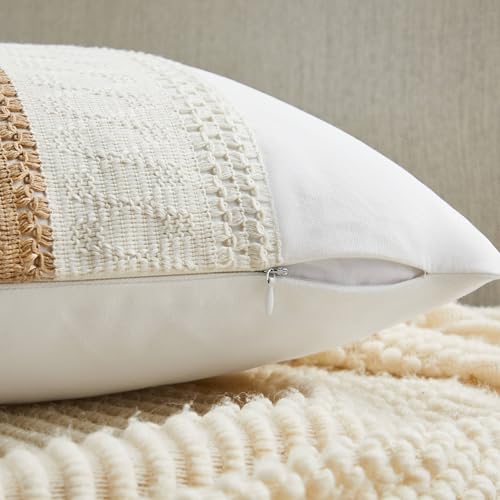 Soft Cotton Boho Throw Pillow Covers Set of 2, Natural White/Contrast Brown 20x20 Inch, Tan Farmhouse Decorative Cushion Covers for Sofa Bed Living Room Home Decor - color: Natural White/Contrast/Brown, size: 20" x 20" (Pack of 2)