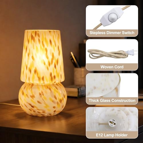 9.8 Inch Mushroom Table Lamp, UL Listed Dimmable Small Desk Bedside Lamp with Woven Beige Cord, Handcrafted Pattern, Murano Home Decor for Bedroom, Living Room, Entryway, Cream Gold, No Bulb Included - color: Cream Gold