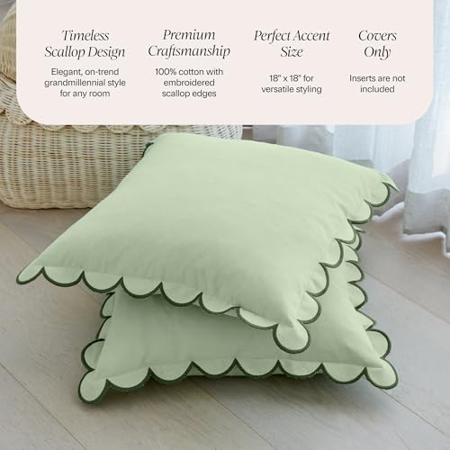 BEBE BASK Green Scalloped Pillow Cover - Set of 2-18 x 18 Inch - Scallop Pillow Cover - Scalloped Pillows - Scallop Pillows - 100% Cotton - Grandmillennial Style (Moss Green) - color: Moss Green/Green